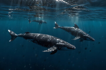 Fototapeta premium Two gray whales swimming together in the ocean depths