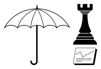 Umbrella representing protection, chess rook symbolizing strategy, and data chart conveying analytics. Ideal for concepts thumbs up security, planning, problem-solving, data, risk, solutions