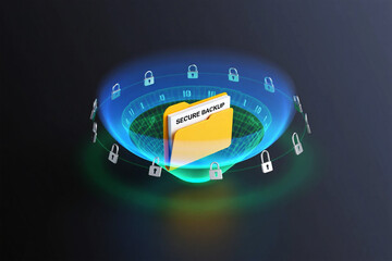 Yellow folder with secure backup document surrounded by digital locks and binary code image