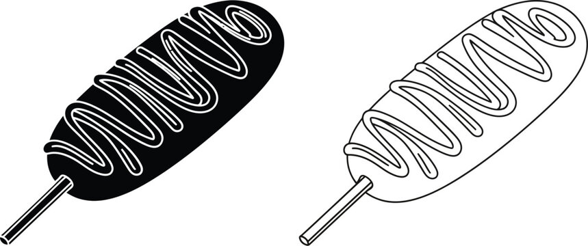 Two contrasting corn dog illustrations black filled and white outline versions