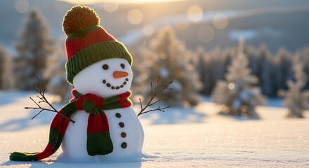 Fototapeta premium Cheerful snowman wearing a red green striped hat and scarf in a snowy forest landscape at sunrise winter