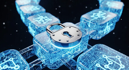 Silver padlock on glowing blue digital blockchain links technology security