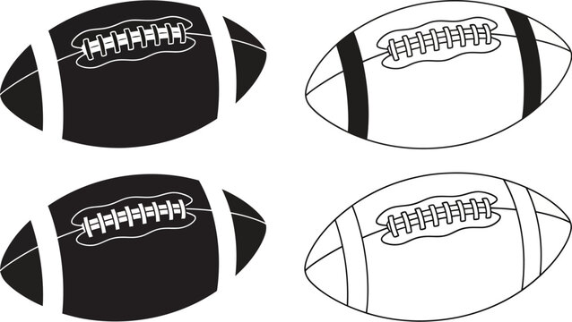 Black and white illustration of four american footballs in varying designs