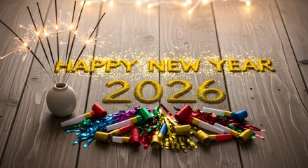 Festive new year 2026 celebration with sparklers, party favors, and golden lettering on a wooden surface, creating a joyful and anticipatory atmosphere