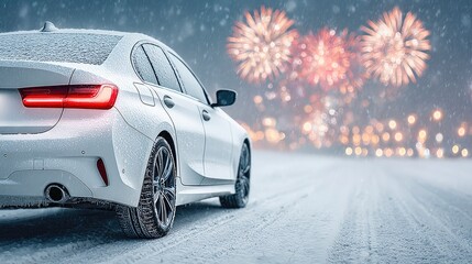 White Car on Winter Road with Fireworks in the Snowy Night Sky
