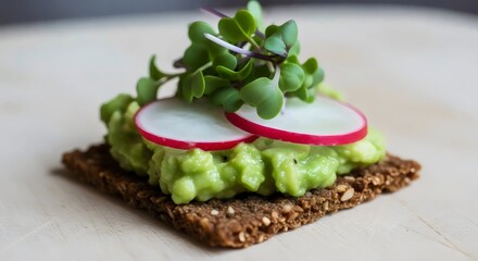 Vegan rye crispbread with avocado topping for wholesome minimalist appetizer and sustainable mindful living design