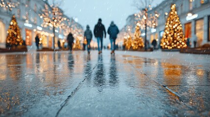 Festive Winter City Street with Christmas Lights and Reflections on Wet Pavement