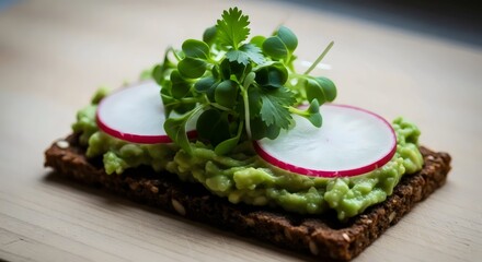 Vegan rye crispbread with avocado topping for wholesome minimalist snack and sustainable mindful living concept