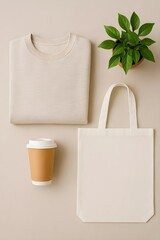 Blank Apparel Mockup Flat Lay with Tote Bag, Coffee Cup, and Plant