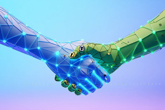 Two abstract geometric hands shaking with blue and green digital network connections handshake