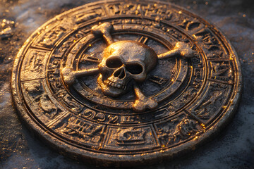 Fototapeta premium Ancient cursed pirate medallion with glowing bronze skull for mystical treasure hunts