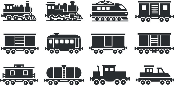 Silhouette vector icon set featuring various train types including locomotives, freight cars, and passenger trains for transportation design.