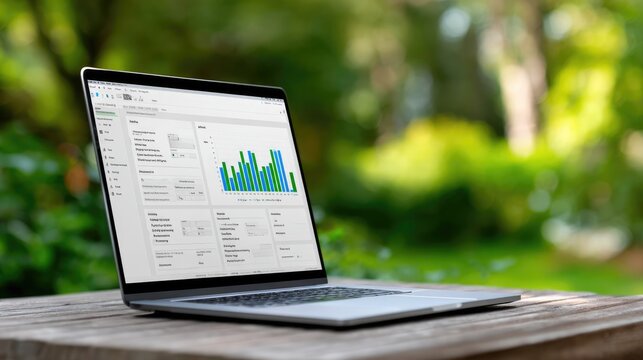Laptop Displaying Business Analytics Dashboard on Wooden Table Outdoors - Powered by Adobe