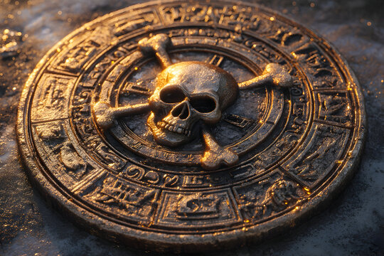 Ancient cursed pirate medallion with glowing bronze skull for mystical treasure hunts