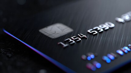 Macro Close-Up of Black Credit Card with Metallic Numbers and Chip for Finance Concepts