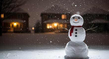 Smiling snowman with red scarf in falling snow at night with illuminated houses in background winter