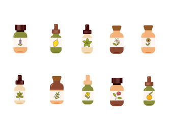Flat Style Vector Set of Essential Oil Bottles with Botanical Labels . Featuring Lavender, Lemon, Mint, Rose, Jasmine, Tea Tree, Calendula, Orange, Basil and Hypericum. 
