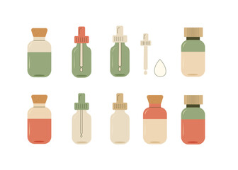 Flat Style Vector Set of Essential Oil Bottles with Droppers, Corks and Screw Caps.  Minimal Cosmetic Packaging Illustration.