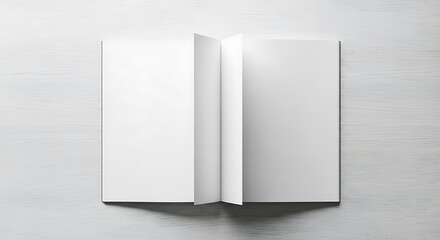 Open blank book with white pages on a light wooden table, top view, ready for text or design mockup, offering a clean canvas for creative projects