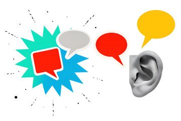 Black and white opened mouth, few colorful speech bubbles and ear - communication concept. Modern photo collage style. Illustration on transparent background