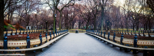 Panoramic winter view of Literary Walk in Central Park, New York
