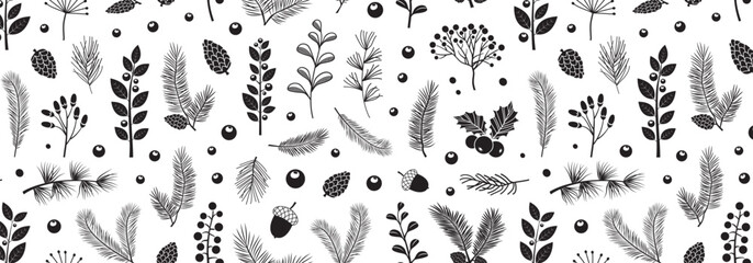 Winter plant set seamless pattern. Fir branch tree, pinecone, holly berry, leaf needle background. Christmas black silhouette spruce, evergreen cedar bg. Autumn nature print. Vector illustration © Sylfida