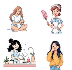 Vsai women daily life and domestic tasks illustration collection