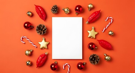 Festive christmas frame with a blank white card surrounded by red ornaments, golden stars, pinecones, and candy canes on a vibrant orange background
