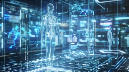 A futuristic medical interface displaying a transparent human body, with data overlays