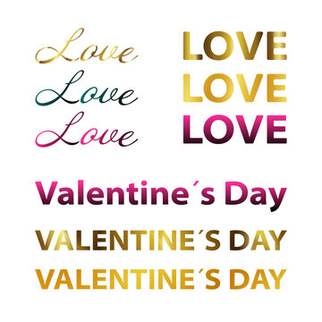 Fototapeta A set of gradient stickers in gold, burgundy and navy blue with the inscriptions "Love" and " Valentine's Day." Suitable for social media, holiday decor, scrapbooking, gifts and packaging. Vector.