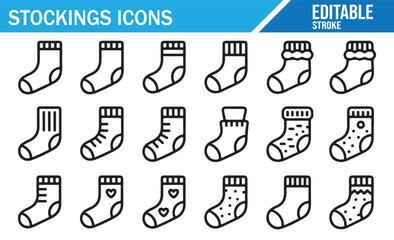 Simple outline icons of casual warm socks and stocking shapes