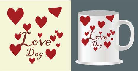 White mug with red hearts and love day text