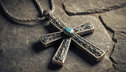 Silver Cross Pendant with Blue Turquoise Stone on Rustic Stone Surface