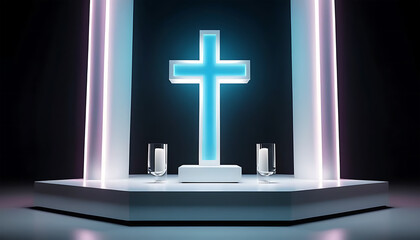 Modern Church Stage with Illuminated Cross and Speakers in Contemporary Worship Space