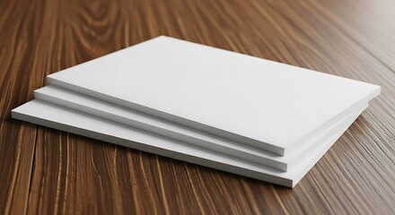Fototapeta premium Stack of three blank white cards or papers on a rustic wooden table, perfect for business card or flyer mockup
