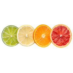 Four Citrus Fruit Slices of Lime, Lemon, Orange, and Grapefruit in a Row Isolated on Transparent Background