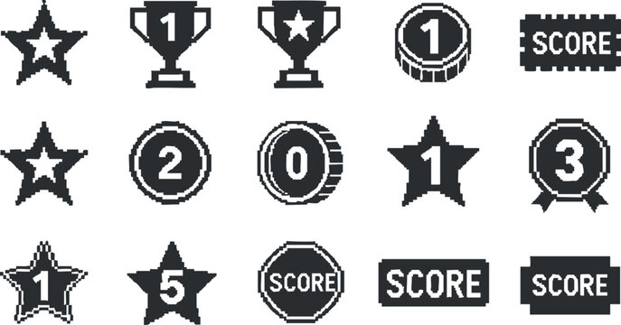 Vector icon set featuring stars, trophies, and score badges in a minimalist style for game design and achievement recognition