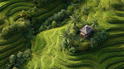 A serene aerial view showcasing verdant rice terraces. A small house nestled among the lush greenery, with the fields meticulously carved into the landscape