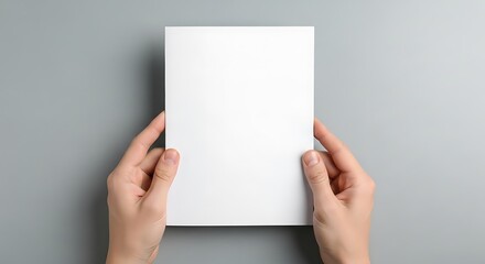Hands holding a blank white vertical paper sheet or brochure mockup against a simple grey background, ideal for design presentation