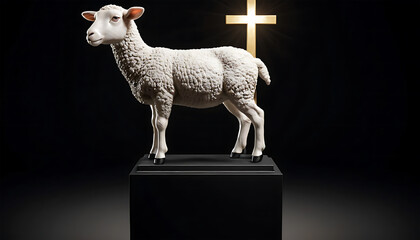 Sheep Sculpture White Woolly Animal with Cross Religious Symbol on Black Background