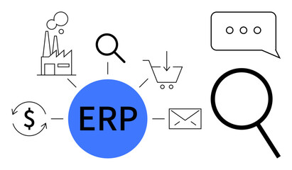 Central blue ERP node connected to icons for finance, manufacturing, search, shopping, email, and communication. Ideal for business automation, system integration, workflow efficiency data