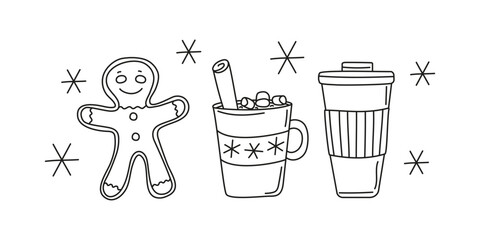 Coffee in a disposable cup. A cup of coffee with cinnamon, marshmallows, and a gingerbread man. Snowfall, snowflakes. Food and drink. Set of linear icons.