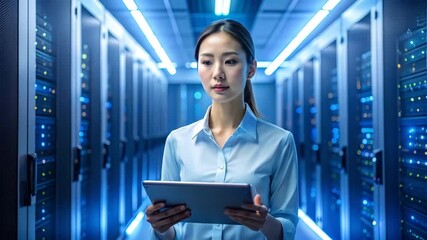 Asian Woman with Tablet in Server Room - Powered by Adobe
