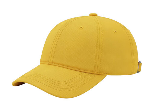 A bright yellow baseball cap with a curved brim isolated on transparent background