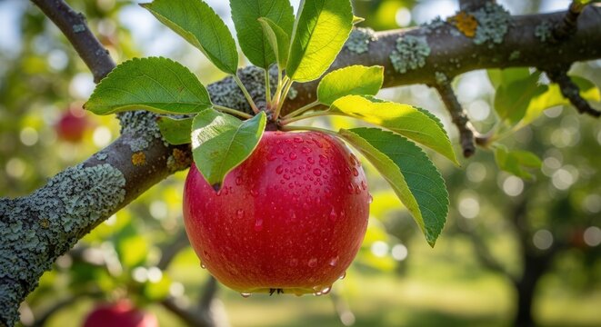 A close-up shot of a vibrant red apple with water droplets hanging from a tree branch in a sunny orchard.