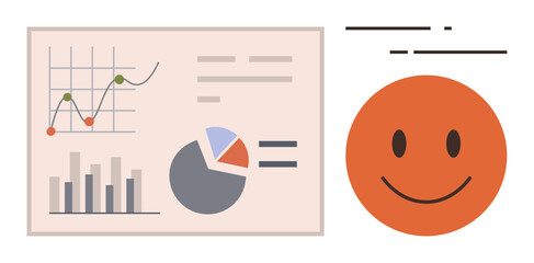 Analytical dashboard with graphs, pie chart, and statistical data paired with a cheerful happy face. Ideal for data analysis, success, teamwork, feedback, performance positivity motivation. Simple
