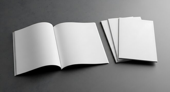 Open blank magazine or brochure mockup alongside a stack of closed booklets, providing a versatile template for various print designs