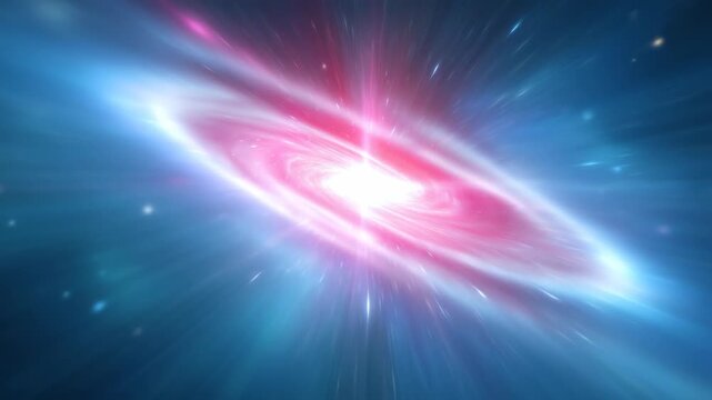 A celestial spiral galaxy, a cosmic spectacle in vibrant hues of magenta and azure, radiates energy and grandeur. It is an exploration of the cosmos. Seamless looping video.