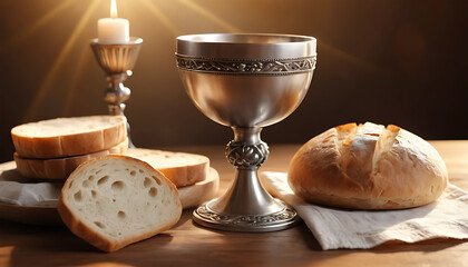 Silver Chalice with Bread and Candle in Warm Light