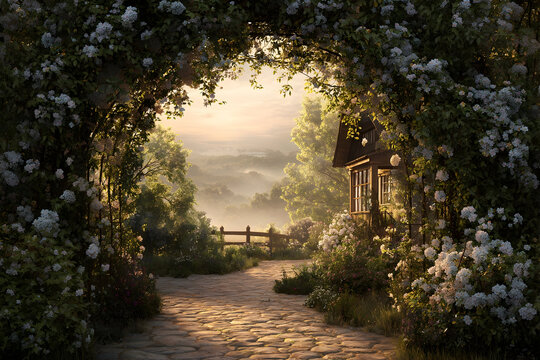Enchanted garden pathway framed by arching vines at sunrise